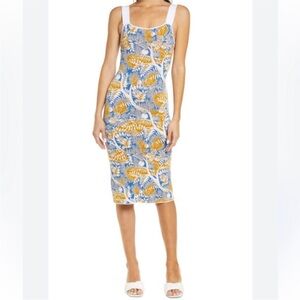 STAUD Analia Blue & Gold Floral Print Knit Garden Girl Euro Summer Dress XS